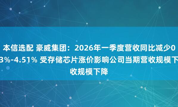 本信选配 豪威集团：2026年一季度营收同比减少0.03%-4.51% 受存储芯片涨价影响公司当期营收规模下降